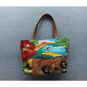 Surfer Woodie car Aloha Hawaii Hawaiian Print Canvas  Handbag With Leather Handl